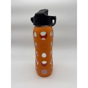 Life Factory Glass Water Bottle with Chug Silicone Sleeve Cap 24oz Orange Black